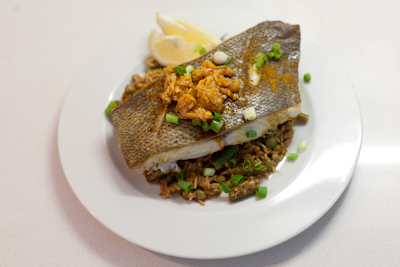 Curried sea bass with coconut rice