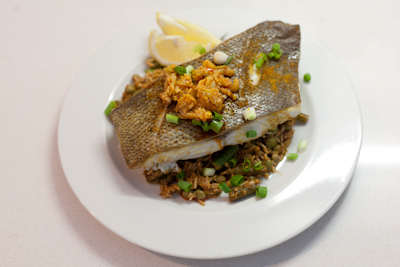 Curried sea bass with coconut rice