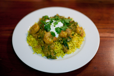 Prawn korma with pilau rice
