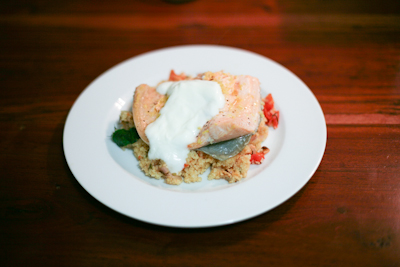 Steamed salmon with tomato basil couscous